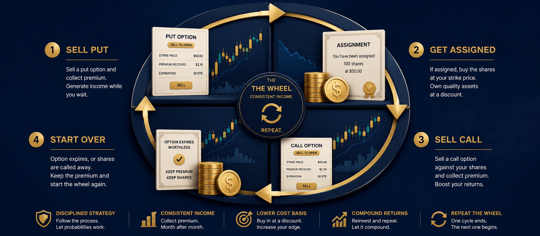 Desk with trading notes, options chain, and a wheel strategy diagram